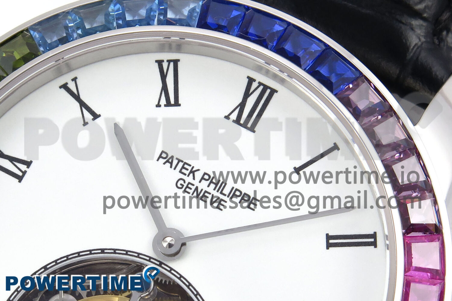 PP Tourbillon SS Rainbow Bezel RMSF Edition White Dial on Black Leather Strap - Image 4