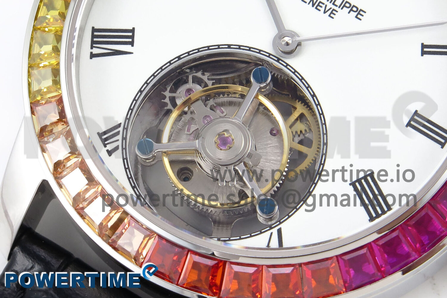 PP Tourbillon SS Rainbow Bezel RMSF Edition White Dial on Black Leather Strap - Image 5
