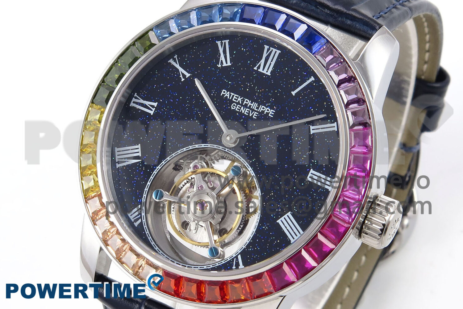 PP Tourbillon SS Rainbow Bezel RMSF Edition Black Starry Dial on Blue Leather Strap - Image 3
