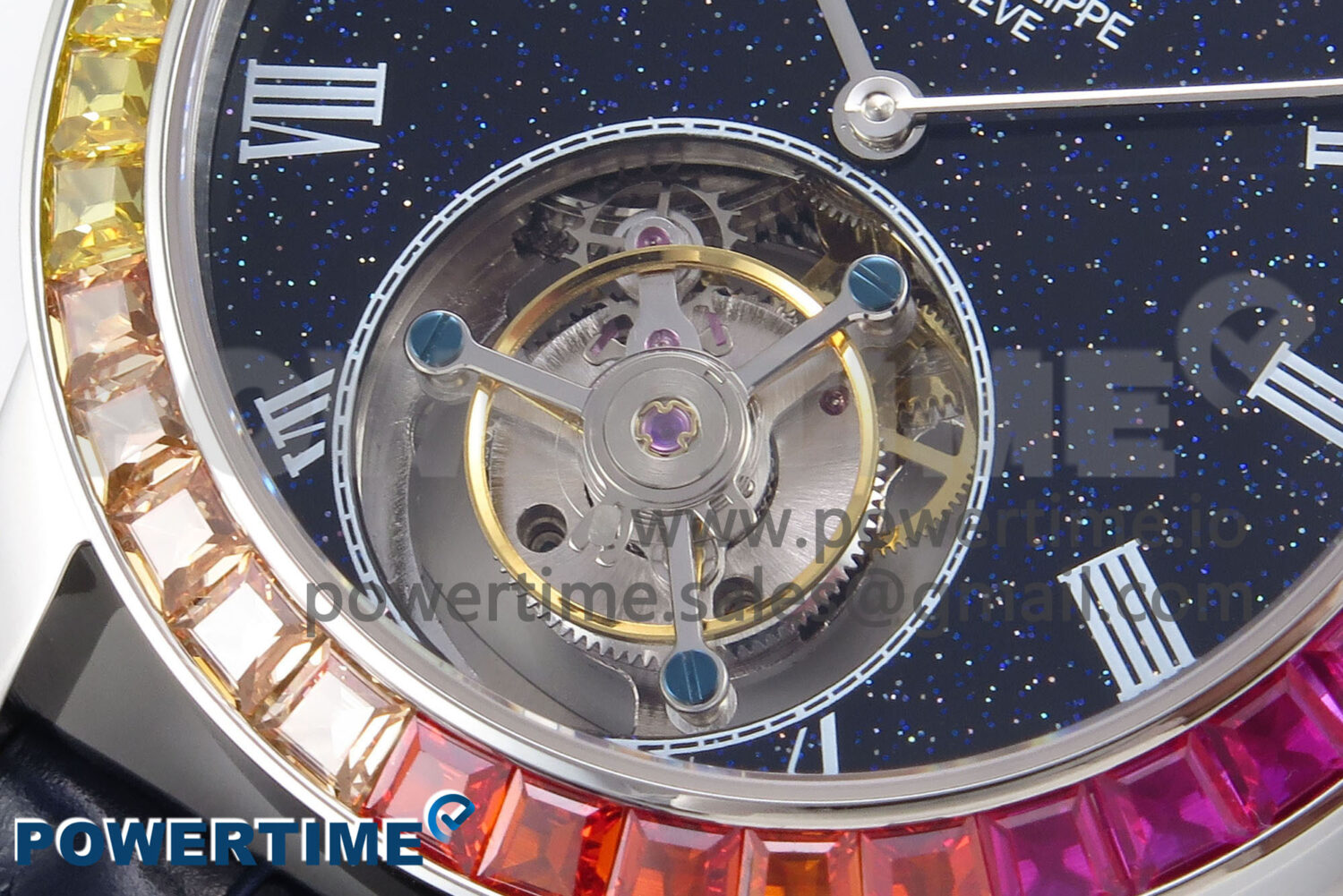 PP Tourbillon SS Rainbow Bezel RMSF Edition Black Starry Dial on Blue Leather Strap - Image 5