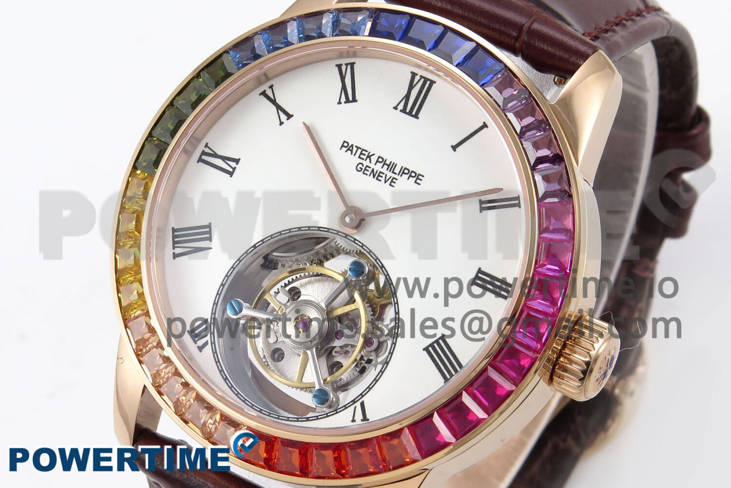 PP Tourbillon RG Rainbow Bezel RMSF Edition White Dial on Brown Leather Strap - Image 3