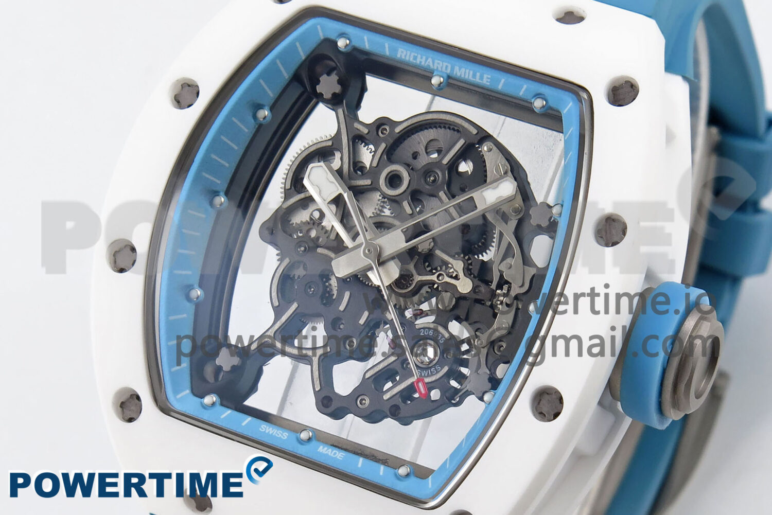 RM055 White Ceramic T+F 1:1 Best Edition Blue Skeleton Dial on Blue Rubber Strap RMUL2 Super Clone - Image 3