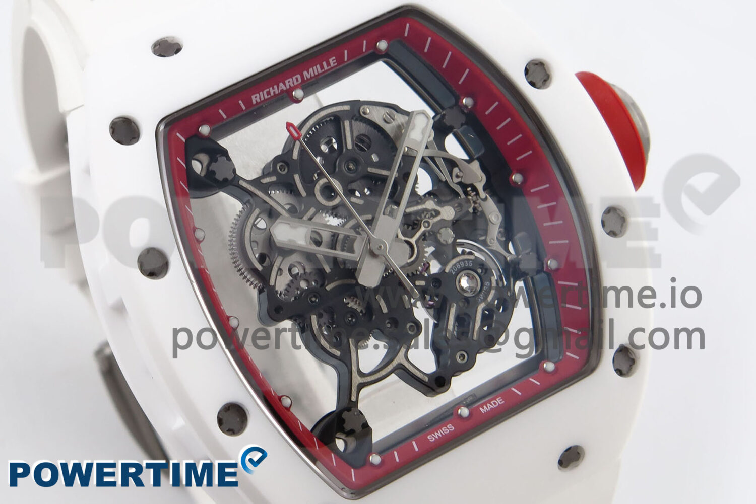 RM055 White Ceramic T+F 1:1 Best Edition Red Skeleton Dial on White Rubber Strap RMUL2 Super Clone - Image 3