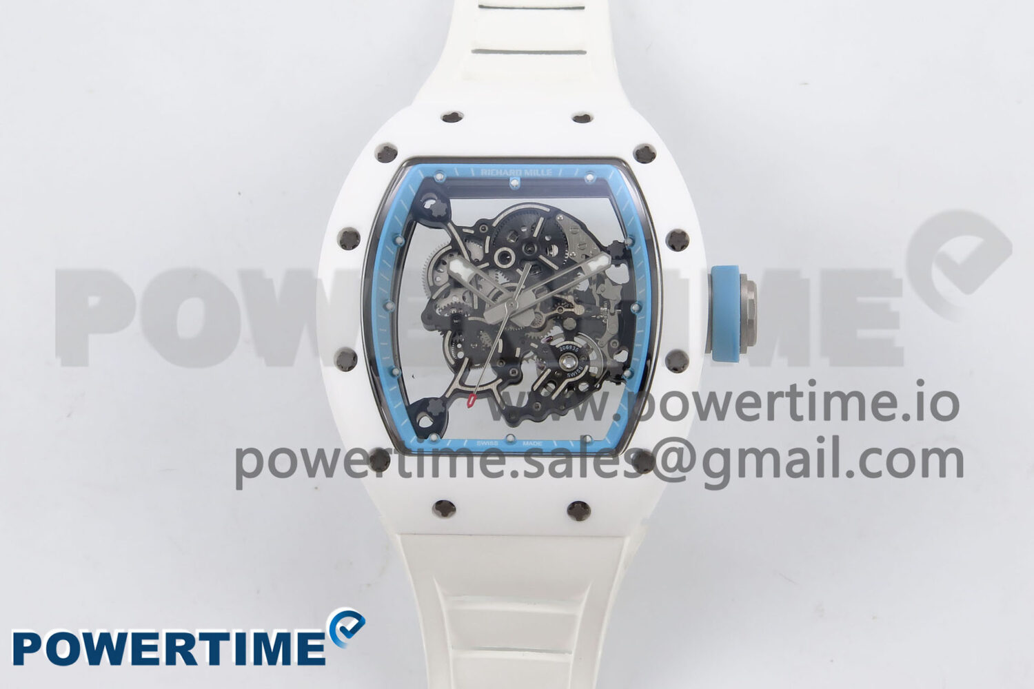 RM055 White Ceramic T+F 1:1 Best Edition Blue Skeleton Dial on White Rubber Strap RMUL2 Super Clone - Image 1