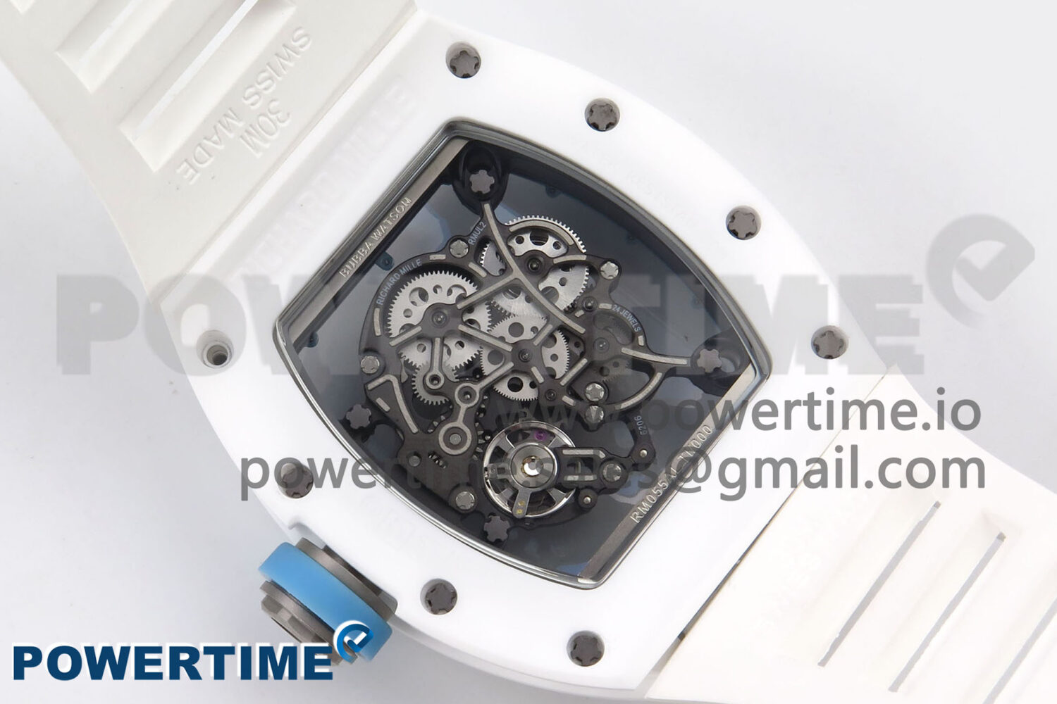 RM055 White Ceramic T+F 1:1 Best Edition Blue Skeleton Dial on White Rubber Strap RMUL2 Super Clone - Image 8