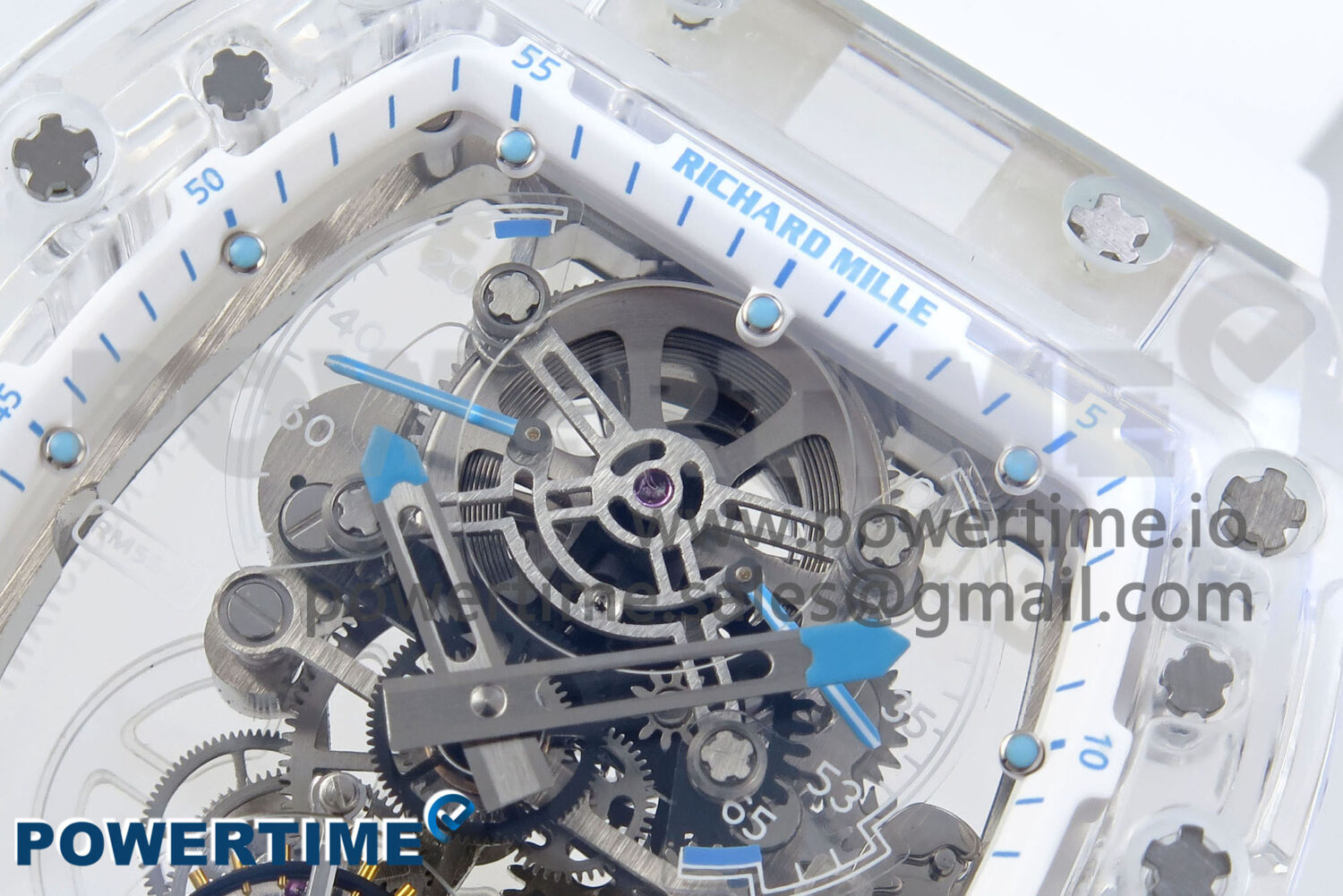 RM56-02 Transparent Tourbillon RMF Best Edition Skeleton Dial Blue Hands on White Rubber Strap - Image 4