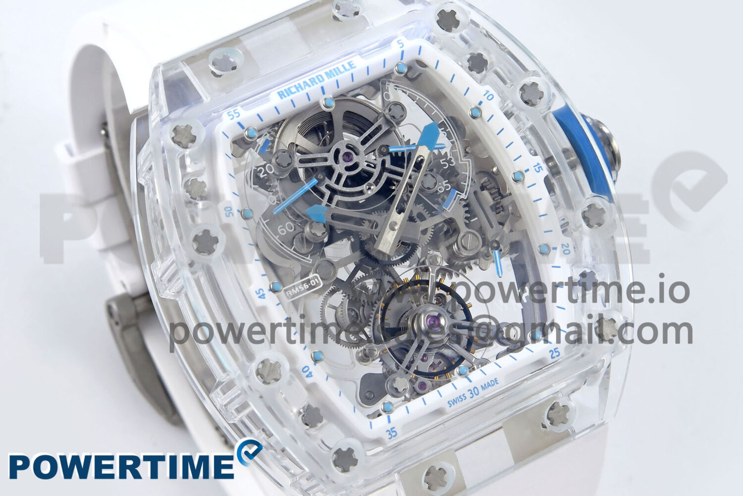 RM56-02 Transparent Tourbillon RMF Best Edition Skeleton Dial Blue Hands on White Rubber Strap - Image 2