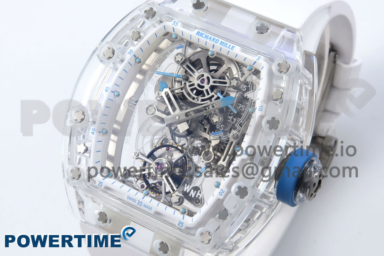 RM56-02 Transparent Tourbillon RMF Best Edition Skeleton Dial Blue Hands on White Rubber Strap - Image 3