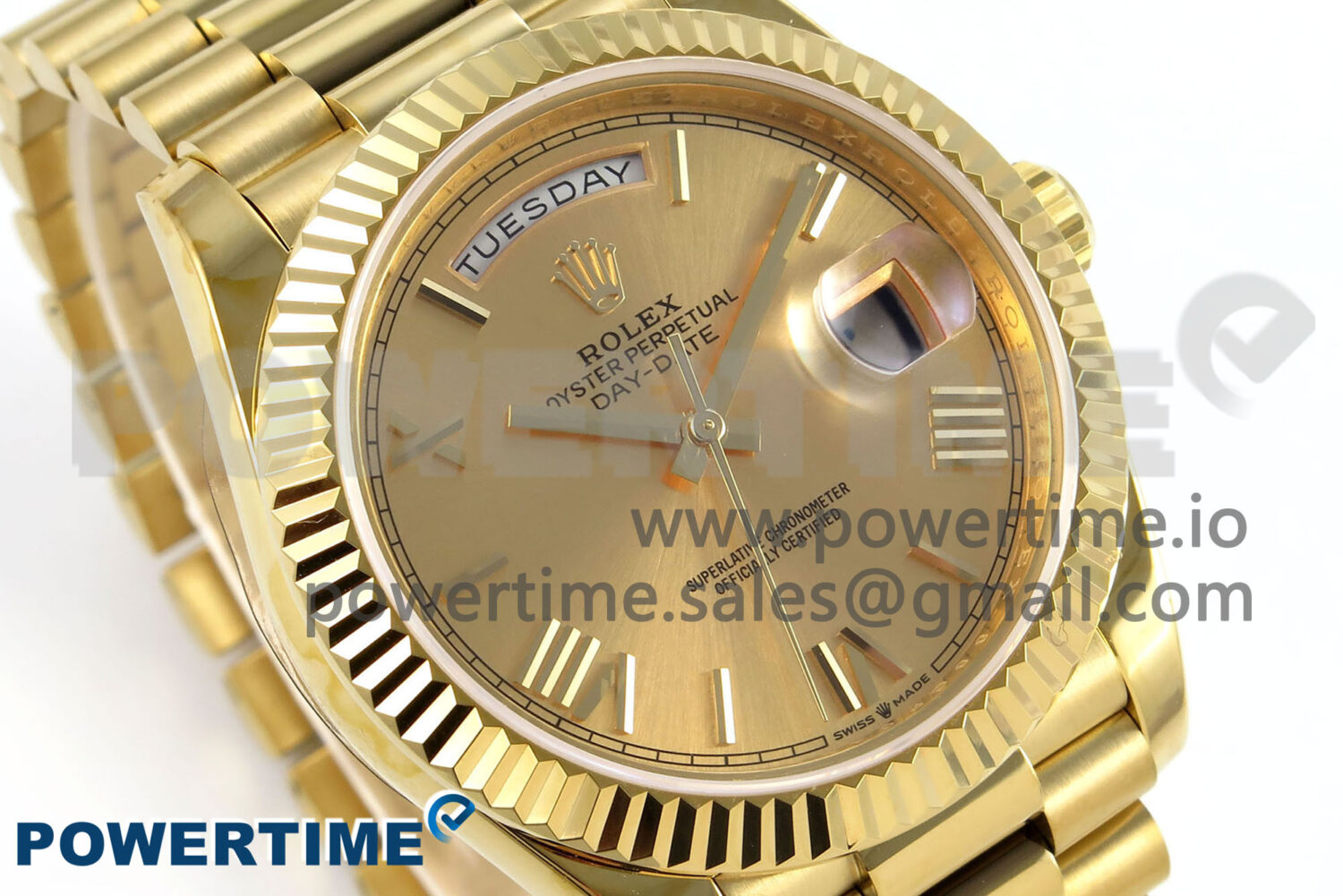 Day Date 40 YG 228238 KF 1:1 Best Edition YG Roman Dial on President Bracelet VR3255 (Gain Weight)Size	40mm x 12.5mm Movement	Asian Super Clone 3255 Automatic Movement at 28800 vph, VR3255 Functions	Hours, minutes, seconds, day and date display Case	18K yellow gold plated solid 904L stainless steel case, Cu-W metal to increase watch weight to match the genuine gold watch weight, the whole watch is about 192g Crystal	Scratch-proof sapphire crystal with AR coating Dial	Yellow gold dial Bezel	Fluted bezel Strap	18K yellow gold plated solid 904L stainless steel bracelet, Cu-W metal to increase watch weight to match the genuine gold watch weight Clasp	Deployant clasp Water resistance	>50 Meters - Image 2