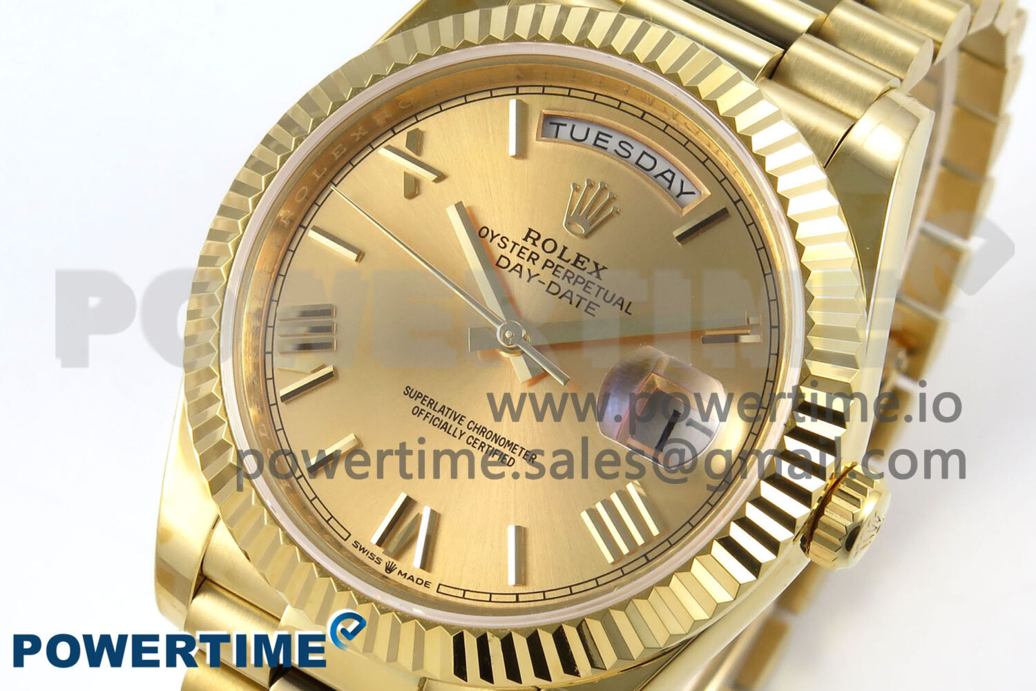 Day Date 40 YG 228238 KF 1:1 Best Edition YG Roman Dial on President Bracelet VR3255 (Gain Weight)Size	40mm x 12.5mm Movement	Asian Super Clone 3255 Automatic Movement at 28800 vph, VR3255 Functions	Hours, minutes, seconds, day and date display Case	18K yellow gold plated solid 904L stainless steel case, Cu-W metal to increase watch weight to match the genuine gold watch weight, the whole watch is about 192g Crystal	Scratch-proof sapphire crystal with AR coating Dial	Yellow gold dial Bezel	Fluted bezel Strap	18K yellow gold plated solid 904L stainless steel bracelet, Cu-W metal to increase watch weight to match the genuine gold watch weight Clasp	Deployant clasp Water resistance	>50 Meters - Image 3