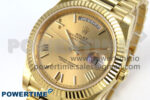 Day Date 40 YG 228238 KF 1:1 Best Edition YG Roman Dial on President Bracelet VR3255 (Gain Weight)Size	40mm x 12.5mm Movement	Asian Super Clone 3255 Automatic Movement at 28800 vph, VR3255 Functions	Hours, minutes, seconds, day and date display Case	18K yellow gold plated solid 904L stainless steel case, Cu-W metal to increase watch weight to match the genuine gold watch weight, the whole watch is about 192g Crystal	Scratch-proof sapphire crystal with AR coating Dial	Yellow gold dial Bezel	Fluted bezel Strap	18K yellow gold plated solid 904L stainless steel bracelet, Cu-W metal to increase watch weight to match the genuine gold watch weight Clasp	Deployant clasp Water resistance	>50 Meters - Image 3