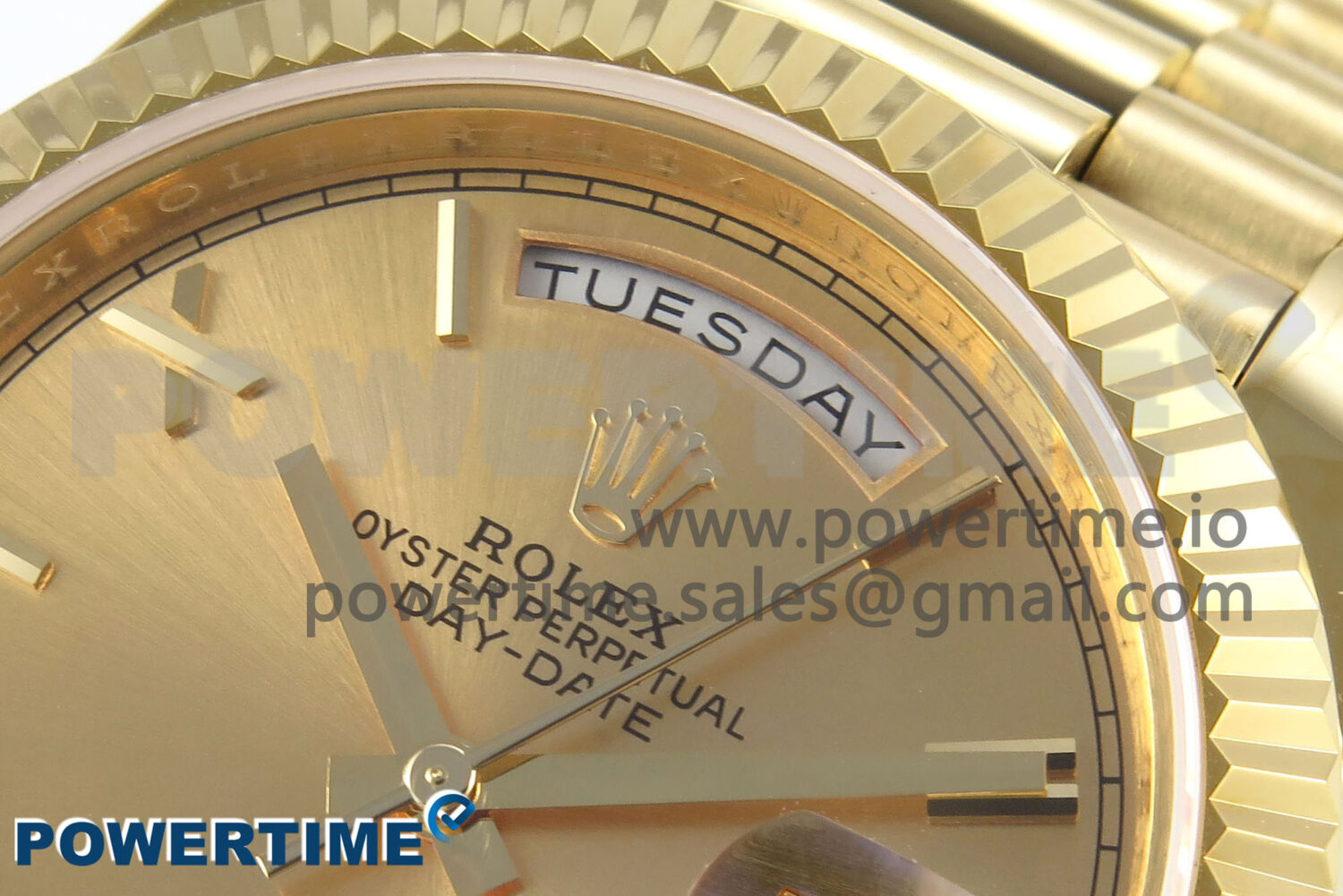 Day Date 40 YG 228238 KF 1:1 Best Edition YG Roman Dial on President Bracelet VR3255 (Gain Weight)Size	40mm x 12.5mm Movement	Asian Super Clone 3255 Automatic Movement at 28800 vph, VR3255 Functions	Hours, minutes, seconds, day and date display Case	18K yellow gold plated solid 904L stainless steel case, Cu-W metal to increase watch weight to match the genuine gold watch weight, the whole watch is about 192g Crystal	Scratch-proof sapphire crystal with AR coating Dial	Yellow gold dial Bezel	Fluted bezel Strap	18K yellow gold plated solid 904L stainless steel bracelet, Cu-W metal to increase watch weight to match the genuine gold watch weight Clasp	Deployant clasp Water resistance	>50 Meters - Image 4