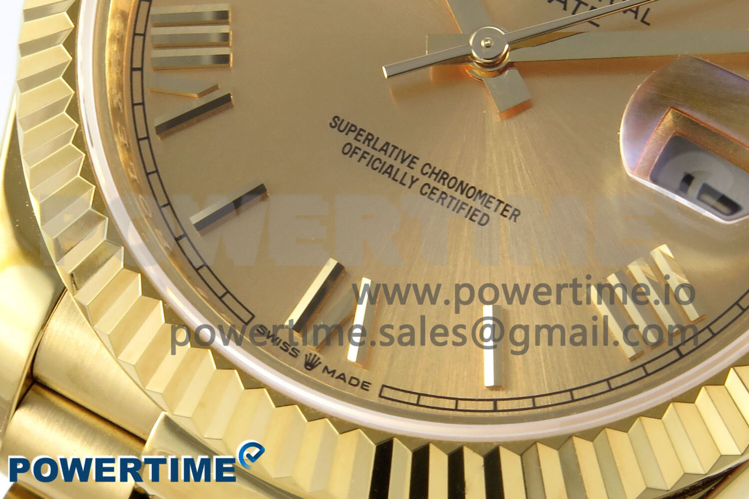 Day Date 40 YG 228238 KF 1:1 Best Edition YG Roman Dial on President Bracelet VR3255 (Gain Weight)Size	40mm x 12.5mm Movement	Asian Super Clone 3255 Automatic Movement at 28800 vph, VR3255 Functions	Hours, minutes, seconds, day and date display Case	18K yellow gold plated solid 904L stainless steel case, Cu-W metal to increase watch weight to match the genuine gold watch weight, the whole watch is about 192g Crystal	Scratch-proof sapphire crystal with AR coating Dial	Yellow gold dial Bezel	Fluted bezel Strap	18K yellow gold plated solid 904L stainless steel bracelet, Cu-W metal to increase watch weight to match the genuine gold watch weight Clasp	Deployant clasp Water resistance	>50 Meters - Image 5