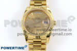 Day Date 40 YG 228238 KF 1:1 Best Edition YG Roman Dial on President Bracelet VR3255 (Gain Weight)Size	40mm x 12.5mm Movement	Asian Super Clone 3255 Automatic Movement at 28800 vph, VR3255 Functions	Hours, minutes, seconds, day and date display Case	18K yellow gold plated solid 904L stainless steel case, Cu-W metal to increase watch weight to match the genuine gold watch weight, the whole watch is about 192g Crystal	Scratch-proof sapphire crystal with AR coating Dial	Yellow gold dial Bezel	Fluted bezel Strap	18K yellow gold plated solid 904L stainless steel bracelet, Cu-W metal to increase watch weight to match the genuine gold watch weight Clasp	Deployant clasp Water resistance	>50 Meters