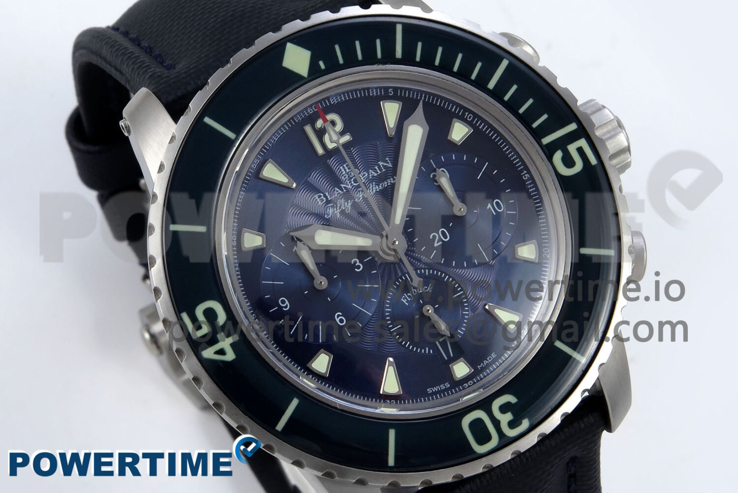 Fifty Fathoms Chrono SS OMF 1:1 Best Edition Blue Dial on Blue Sail-canvas Strap A7750 - Image 2