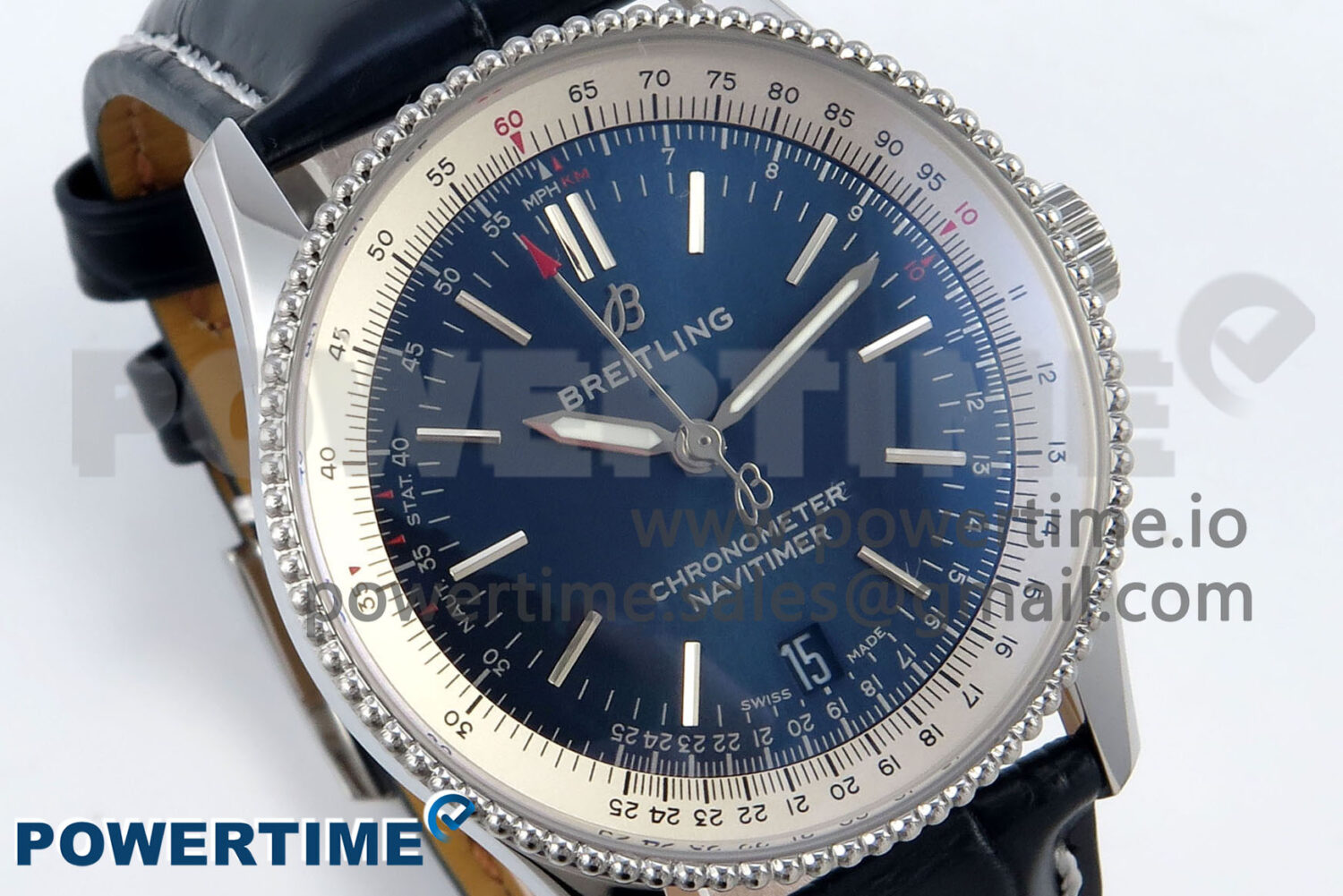 Navitimer 1 SS 41mm TF 1:1 Best Edition White Bezel Blue Dial on Blue Leather Strap A2824 - Image 2