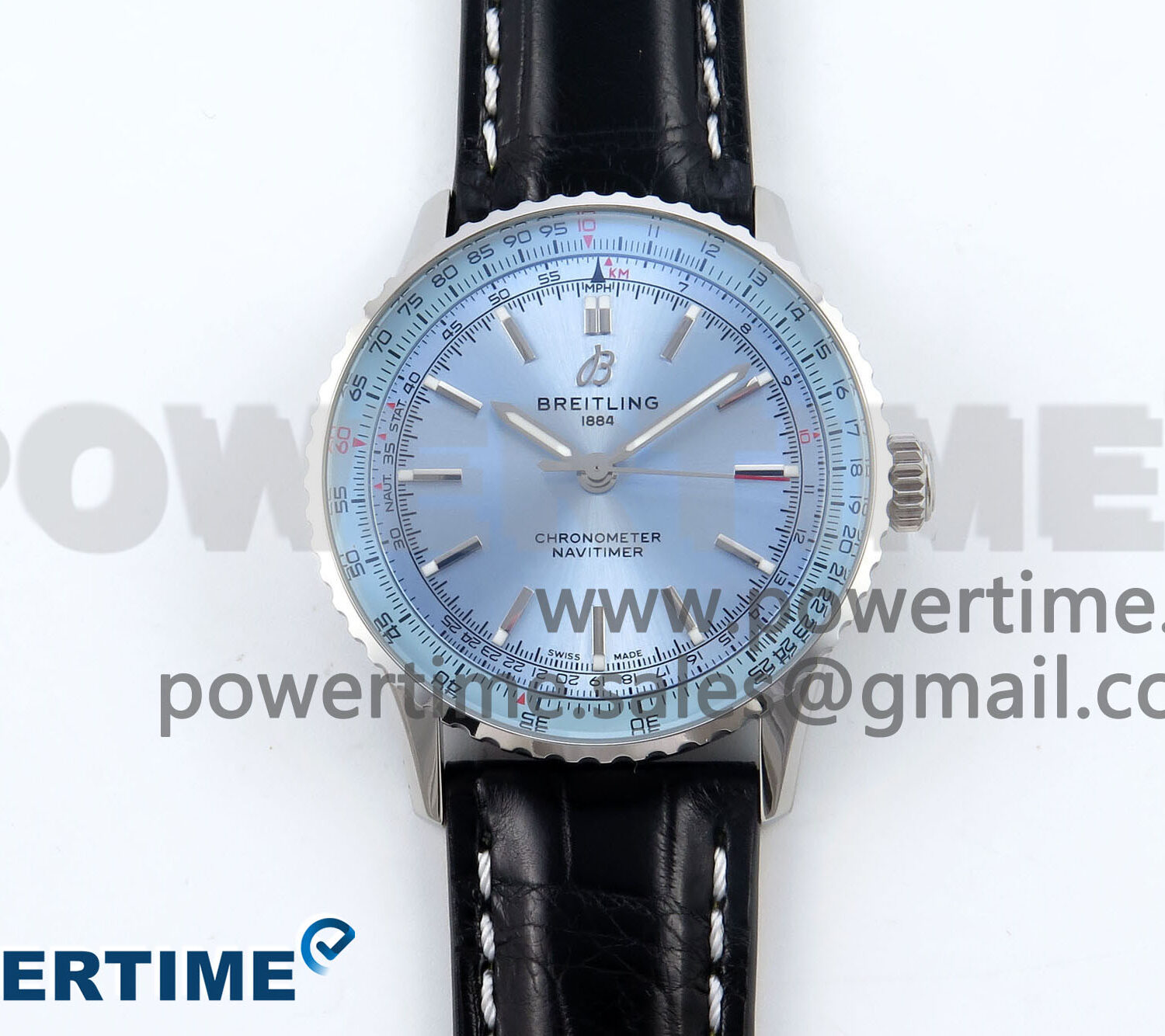Navitimer 1 SS 41mm TF 1:1 Best Edition Ice Blue Bezel Ice Blue Dial on Black Leather Strap A2824