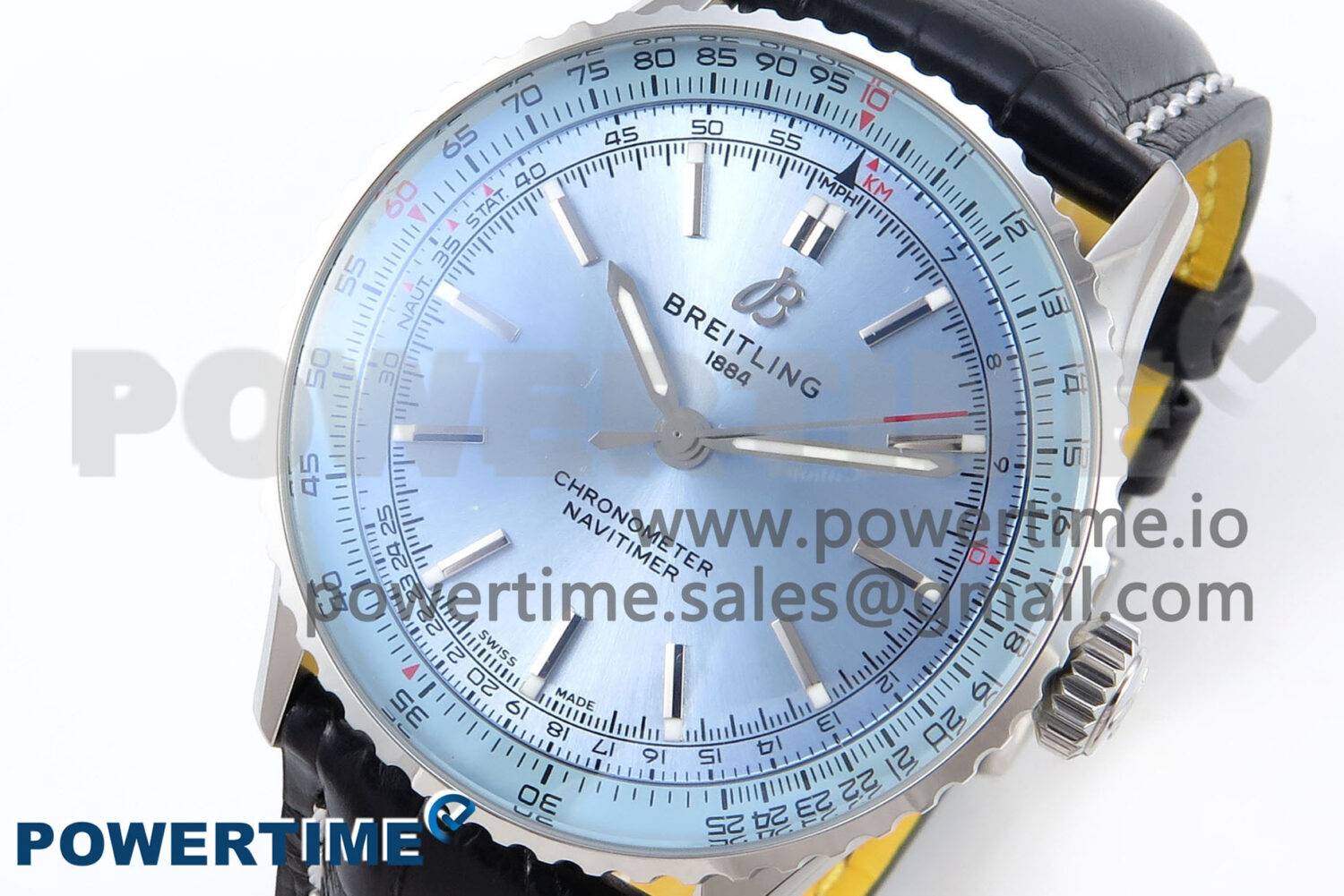 Navitimer 1 SS 41mm TF 1:1 Best Edition Ice Blue Bezel Ice Blue Dial on Black Leather Strap A2824 - Image 3