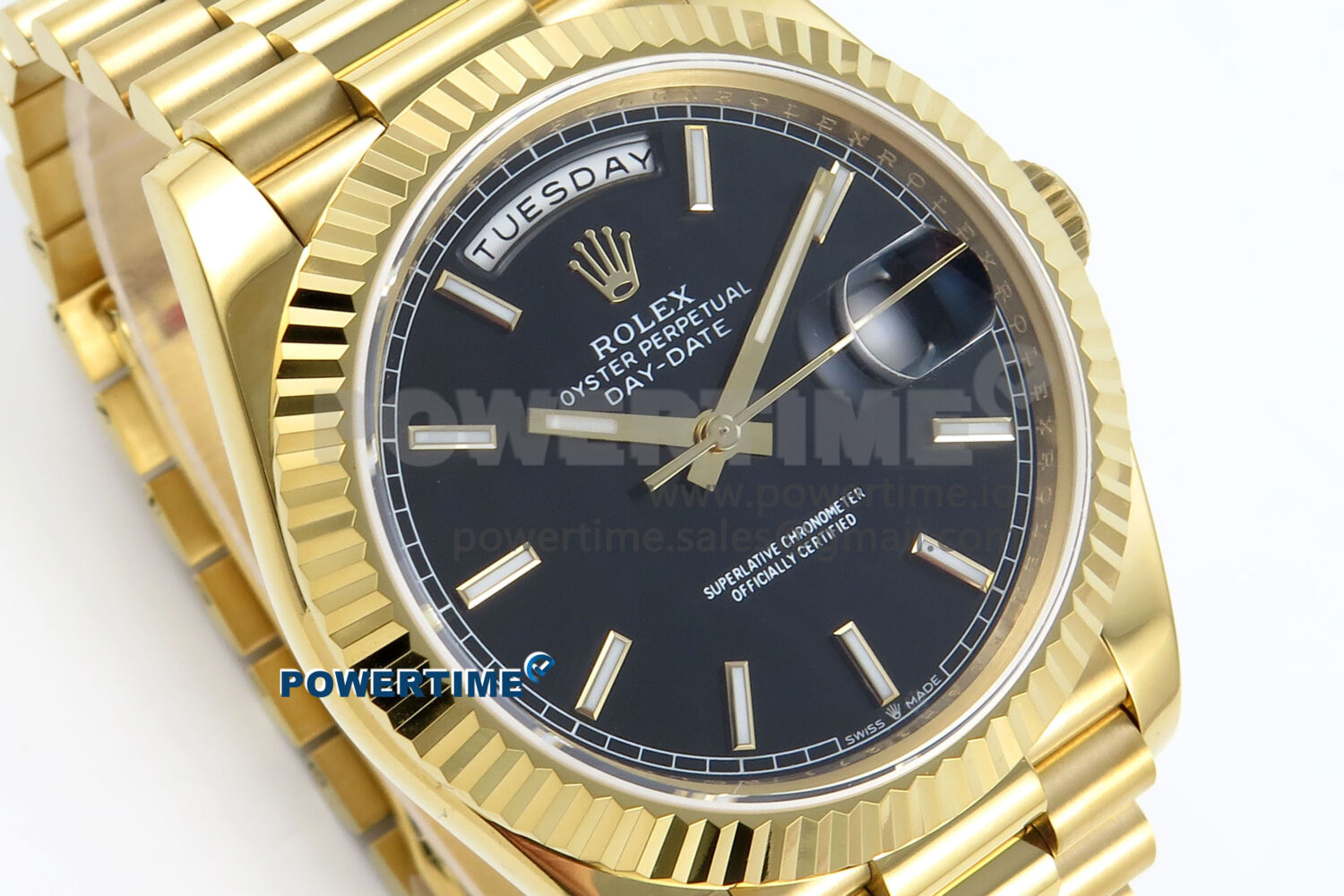 Day Date 128238 36mm YG KF 1:1 Best Edition Black Dial Stick Marker On President Bracelet A2836 (Gain Weight) - Image 2