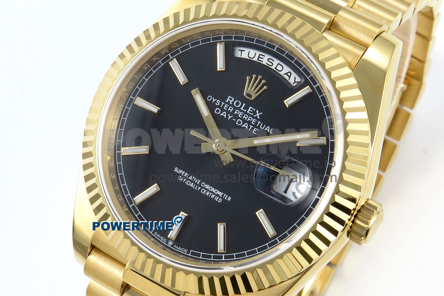 Day Date 128238 36mm YG KF 1:1 Best Edition Black Dial Stick Marker On President Bracelet A2836 (Gain Weight) - Image 3