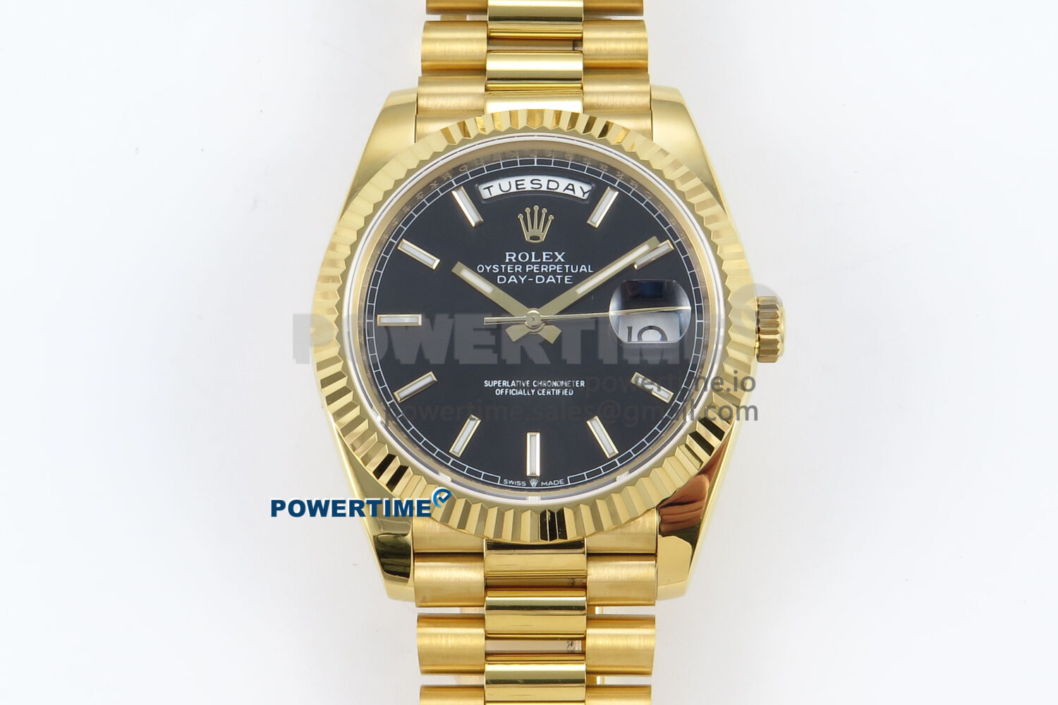 Day Date 128238 36mm YG KF 1:1 Best Edition Black Dial Stick Marker On President Bracelet A2836 (Gain Weight) - Image 1