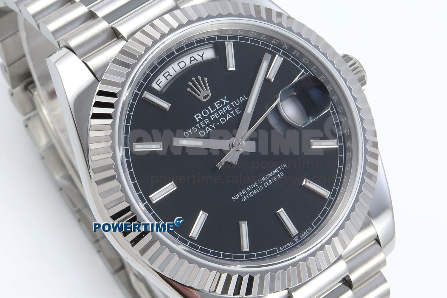 Day Date 128239 36mm SS KF 1:1 Best Edition Black Dial Stick Marker On President Bracelet A2836 (Gain Weight) - Image 2