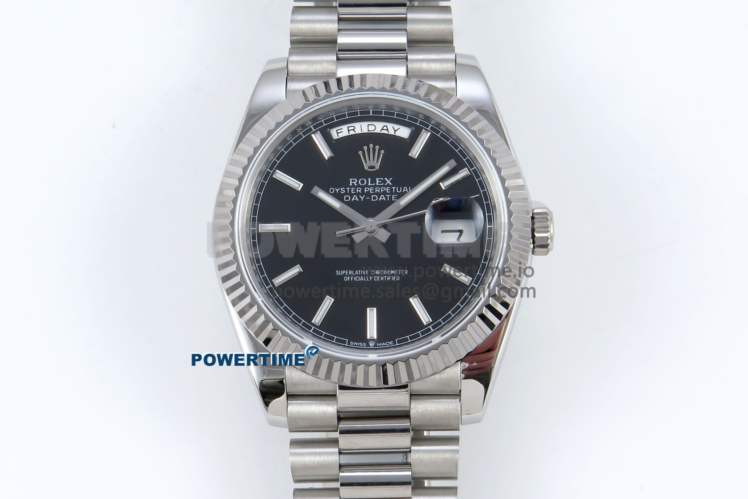 Day Date 128239 36mm SS KF 1:1 Best Edition Black Dial Stick Marker On President Bracelet A2836 (Gain Weight) - Image 1