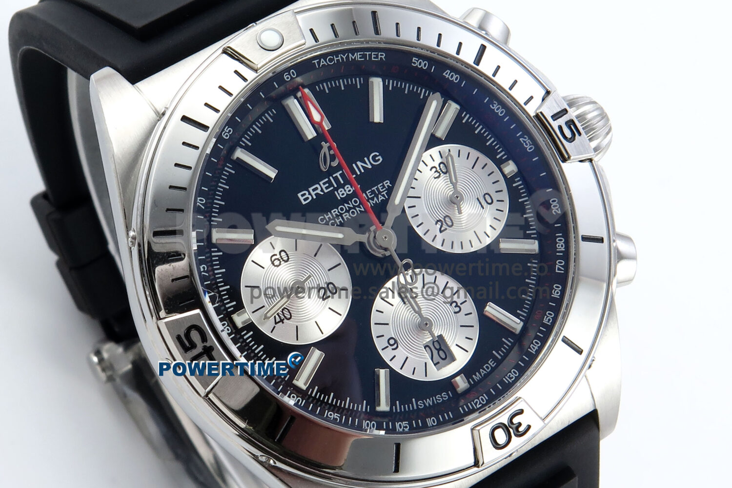 Chronomat B01 42mm SS TF 1:1 Best Edition Black/Silver Dial on Black Rubber Strap A7750 V2 - Image 2