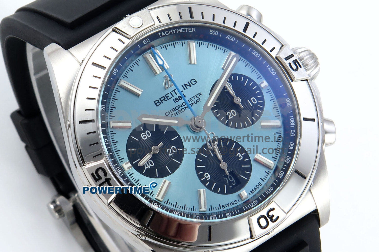 Chronomat B01 42mm SS TF 1:1 Best Edition Ice Blue Dial on Black Rubber Strap A7750 V2 - Image 2