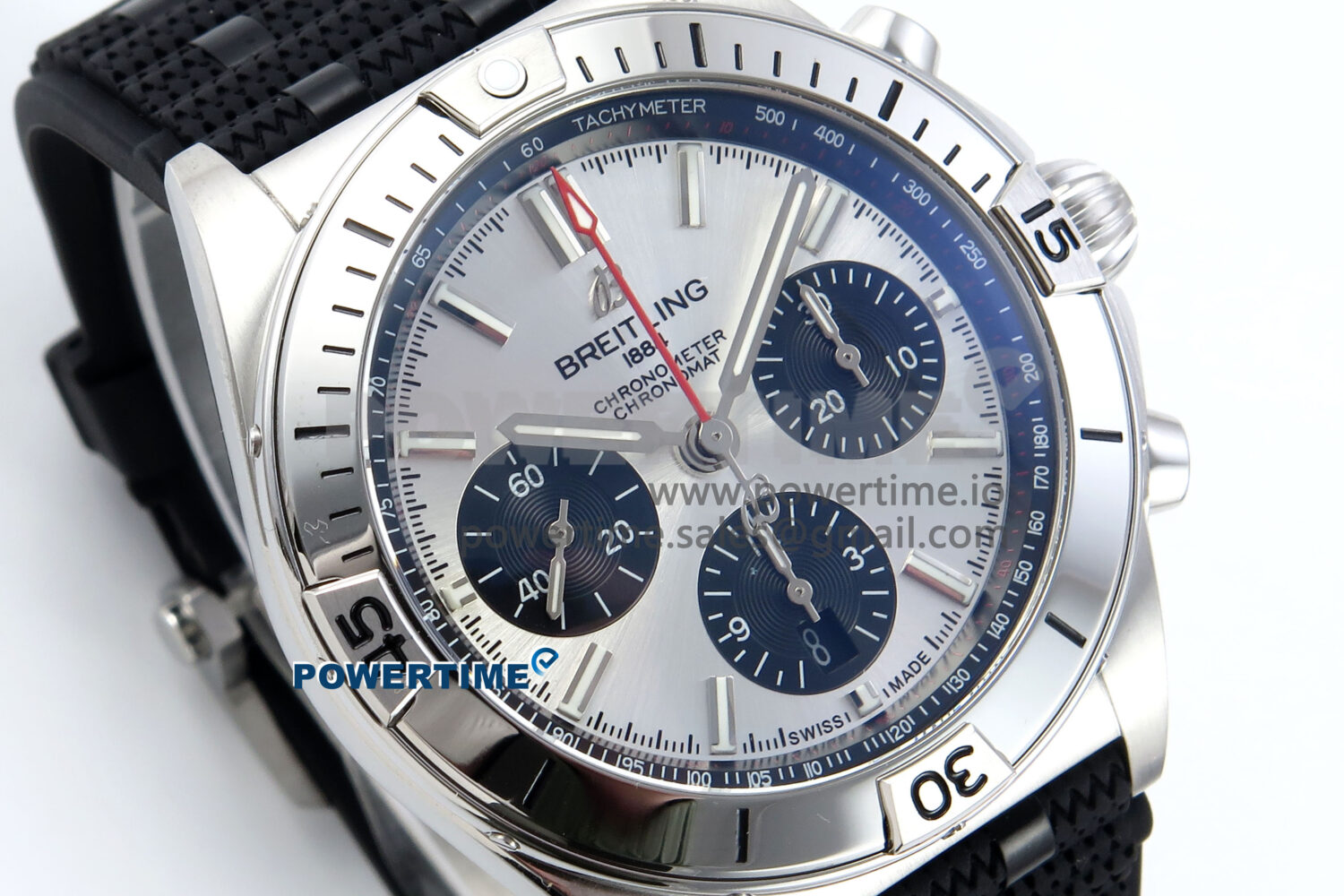 Chronomat B01 42mm SS TF 1:1 Best Edition Silver/Black Dial on Black Rouleaux Strap A7750 V2 - Image 2