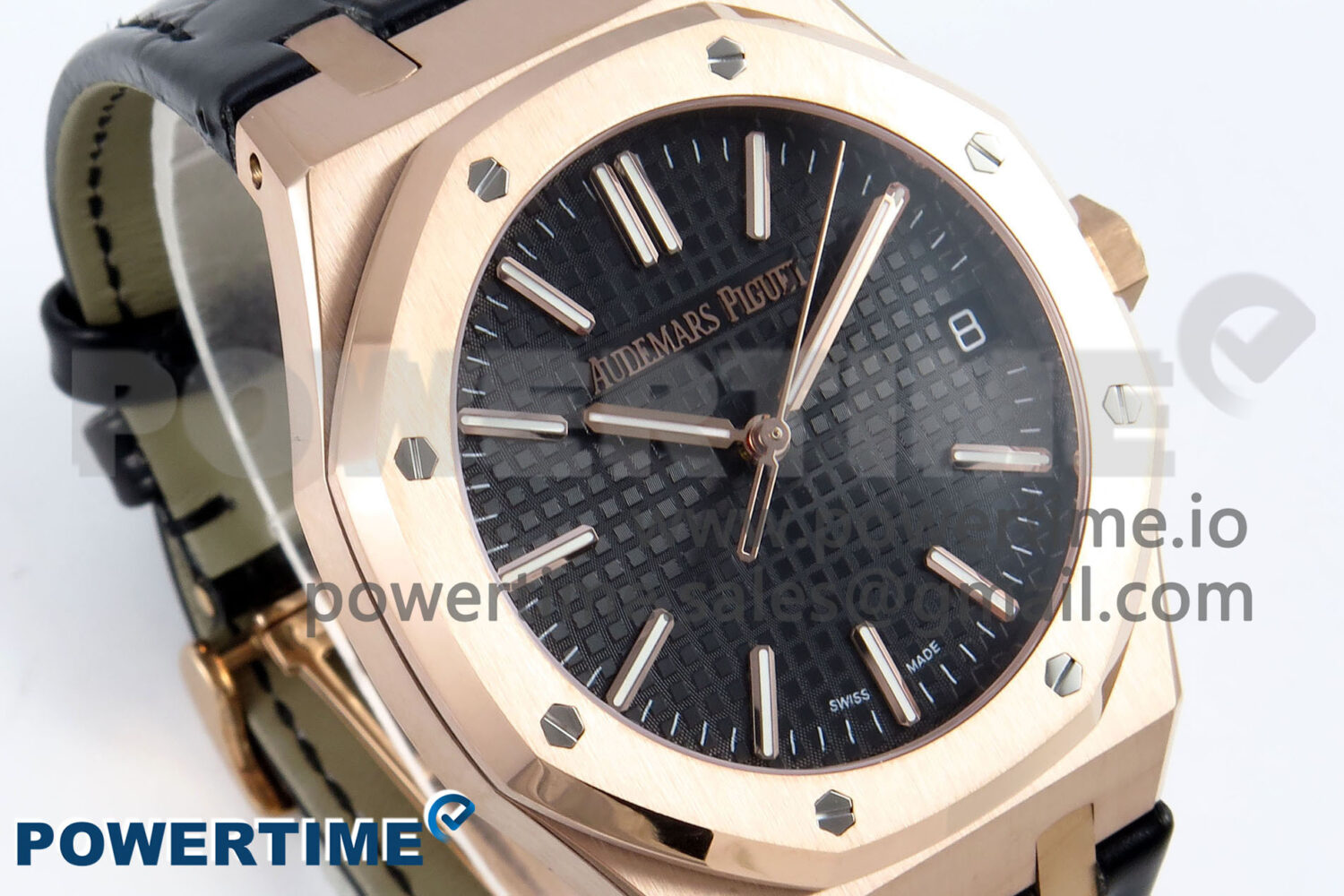 Royal Oak 15510 RG APSF 1:1 Best Edition Black Dial on Black Leather Strap SA4302 Super Clone V2 (SW Dial) - Image 2