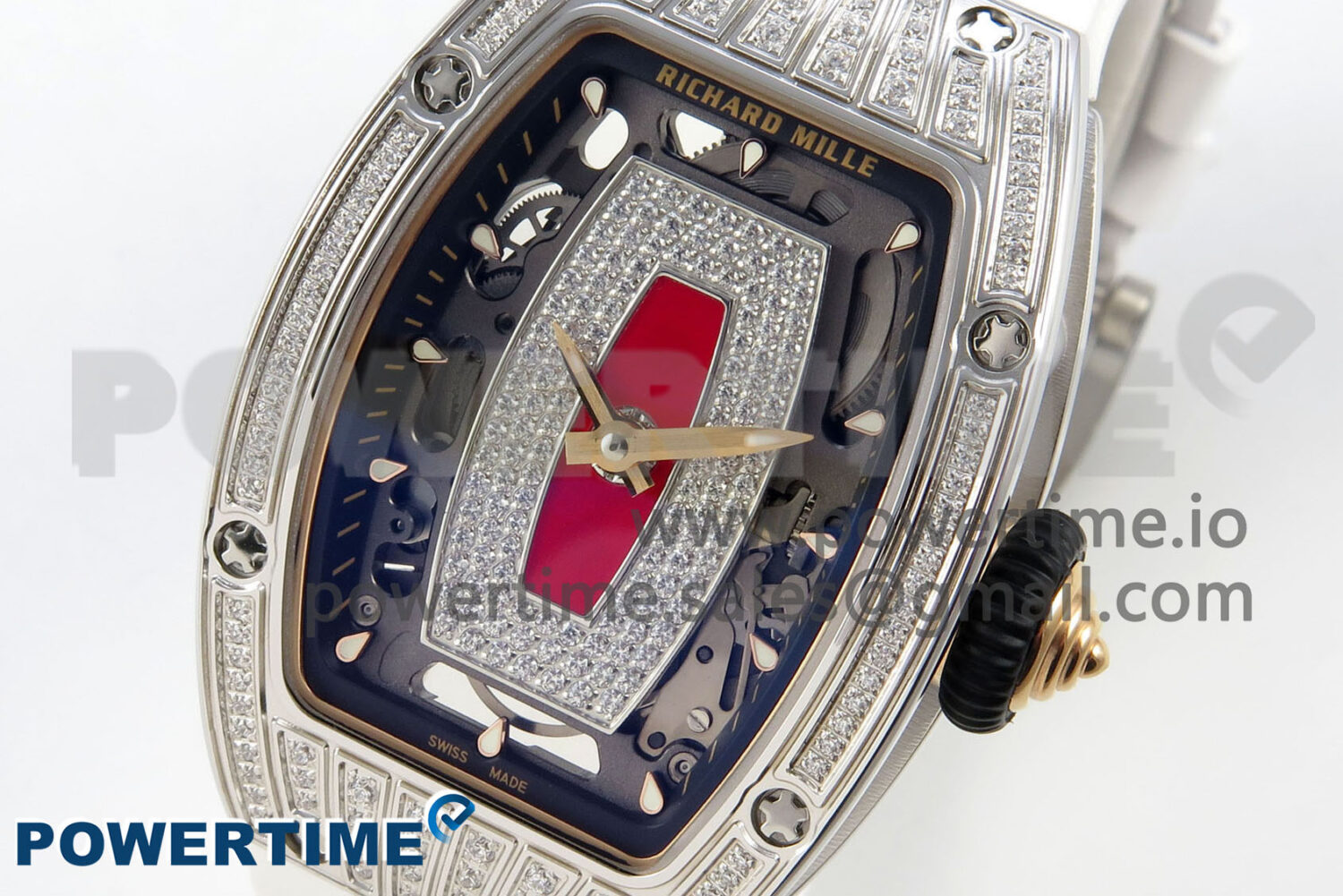 RM07 Ladies SS Diamonds Bezel ZF 1:1 Best Edition Red Diamonds Skeleton Dial on White Rubber Strap CRMA2 Clone - Image 3