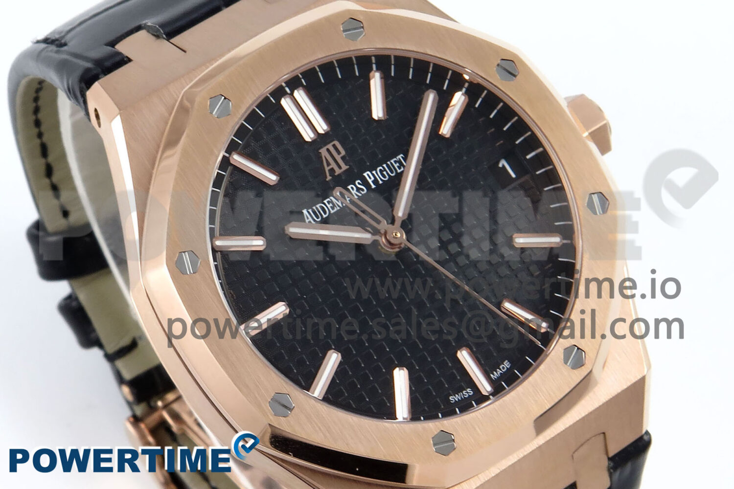 Royal Oak 15500 RG APSF 1:1 Best Edition Black Dial on Black Leather Strap SA4302 Super Clone V2 (SW Dial) - Image 2