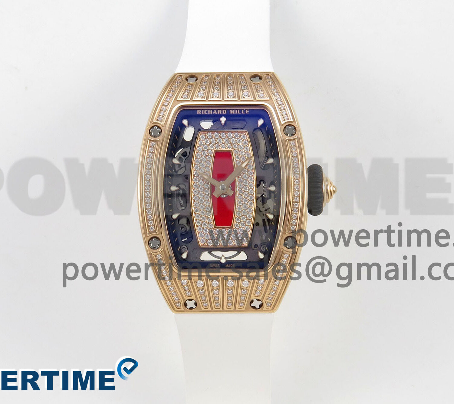RM07 Ladies RG Diamonds Bezel ZF 1:1 Best Edition Red Diamonds Skeleton Dial on White Rubber Strap CRMA2 Clone
