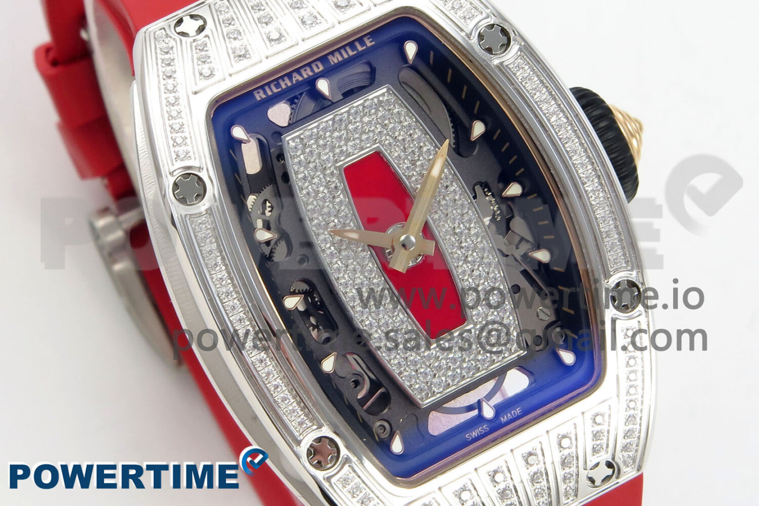 RM07 Ladies SS Diamonds Bezel ZF 1:1 Best Edition Red Diamonds Skeleton Dial on Red Rubber Strap CRMA2 Clone - Image 2