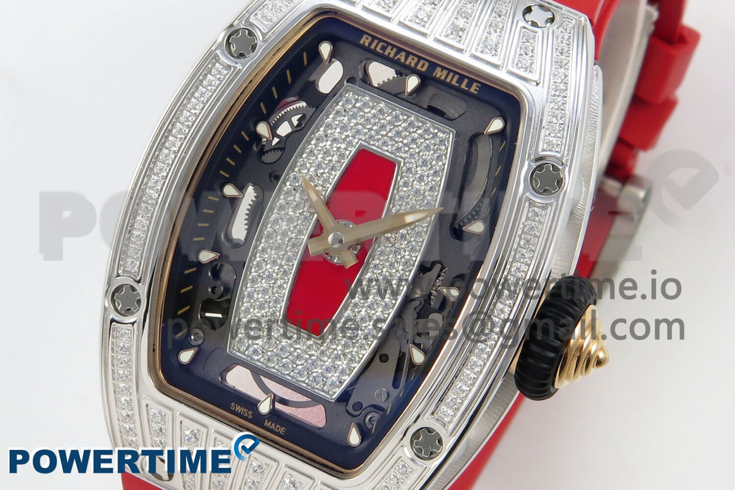 RM07 Ladies SS Diamonds Bezel ZF 1:1 Best Edition Red Diamonds Skeleton Dial on Red Rubber Strap CRMA2 Clone - Image 3