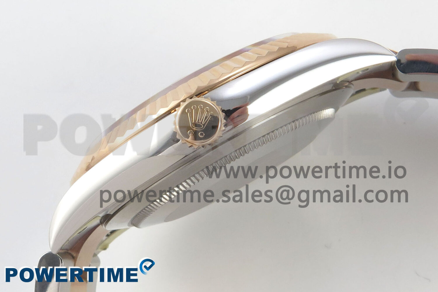 Size	41mm x 12mm Movement	Asian ShangHai Super Clone 3235 Automatic Movement at 28800 vph, VR3235 Functions	Hours, minutes, seconds and date display Case	Solid 904L stainless steel case Crystal	Scratch-proof sapphire crystal with AR coating Dial	Black dial Bezel	Weighted 18k rose gold wrapped fluted stainless steel bezel Strap	Solid stainless steel bracelet with 18k rose gold plated middle links Clasp	Deployant clasp Water resistance	>50 Meters - Image 6