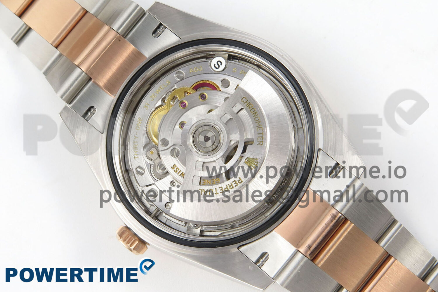Size	41mm x 12mm Movement	Asian ShangHai Super Clone 3235 Automatic Movement at 28800 vph, VR3235 Functions	Hours, minutes, seconds and date display Case	Solid 904L stainless steel case Crystal	Scratch-proof sapphire crystal with AR coating Dial	Black dial Bezel	Weighted 18k rose gold wrapped fluted stainless steel bezel Strap	Solid stainless steel bracelet with 18k rose gold plated middle links Clasp	Deployant clasp Water resistance	>50 Meters - Image 9