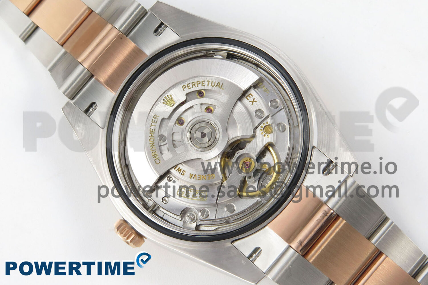 Size	41mm x 12mm Movement	Asian ShangHai Super Clone 3235 Automatic Movement at 28800 vph, VR3235 Functions	Hours, minutes, seconds and date display Case	Solid 904L stainless steel case Crystal	Scratch-proof sapphire crystal with AR coating Dial	Black dial Bezel	Weighted 18k rose gold wrapped fluted stainless steel bezel Strap	Solid stainless steel bracelet with 18k rose gold plated middle links Clasp	Deployant clasp Water resistance	>50 Meters - Image 10
