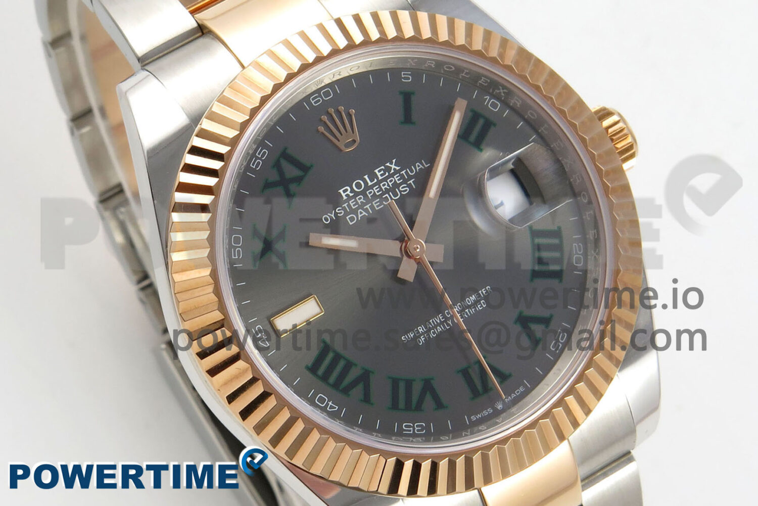 Size	41mm x 12mm Movement	Asian ShangHai Super Clone 3235 Automatic Movement at 28800 vph, VR3235 Functions	Hours, minutes, seconds and date display Case	Solid 904L stainless steel case Crystal	Scratch-proof sapphire crystal with AR coating Dial	Black dial Bezel	Weighted 18k rose gold wrapped fluted stainless steel bezel Strap	Solid stainless steel bracelet with 18k rose gold plated middle links Clasp	Deployant clasp Water resistance	>50 Meters - Image 2