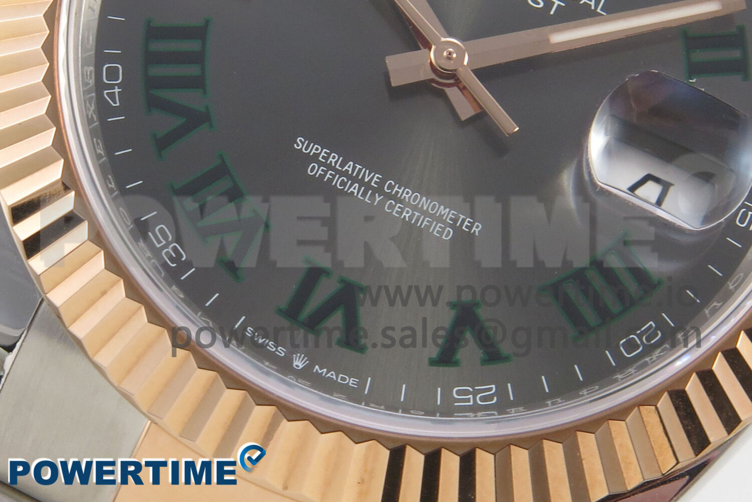 Size	41mm x 12mm Movement	Asian ShangHai Super Clone 3235 Automatic Movement at 28800 vph, VR3235 Functions	Hours, minutes, seconds and date display Case	Solid 904L stainless steel case Crystal	Scratch-proof sapphire crystal with AR coating Dial	Black dial Bezel	Weighted 18k rose gold wrapped fluted stainless steel bezel Strap	Solid stainless steel bracelet with 18k rose gold plated middle links Clasp	Deployant clasp Water resistance	>50 Meters - Image 5
