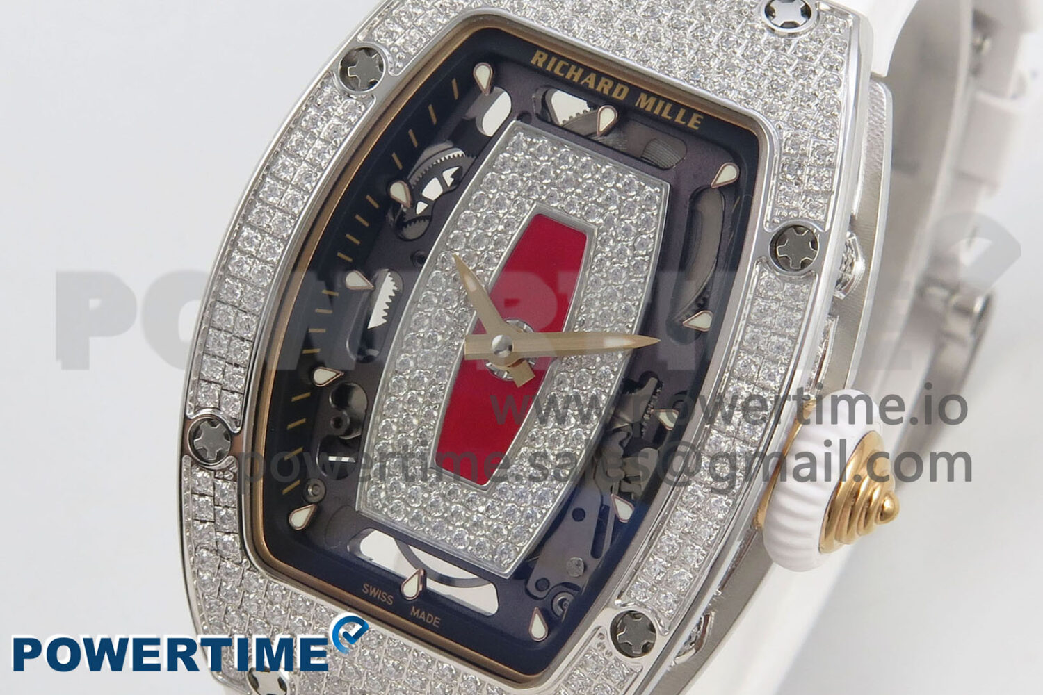 RM07 Ladies Full Diamonds SS ZF 1:1 Best Edition Red Dial on White Rubber Strap CRMA2 Clone - Image 2