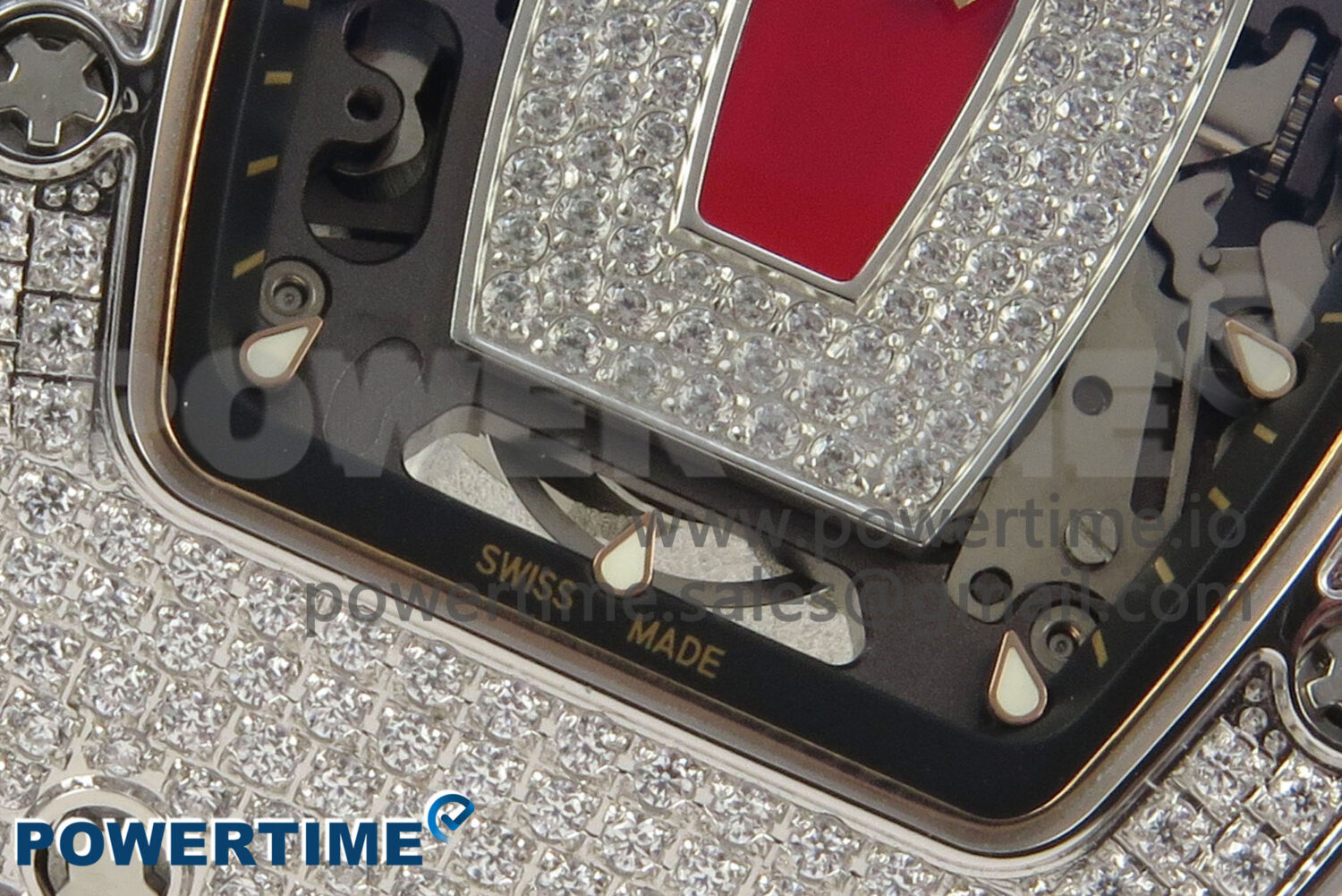 RM07 Ladies Full Diamonds SS ZF 1:1 Best Edition Red Dial on White Rubber Strap CRMA2 Clone - Image 5
