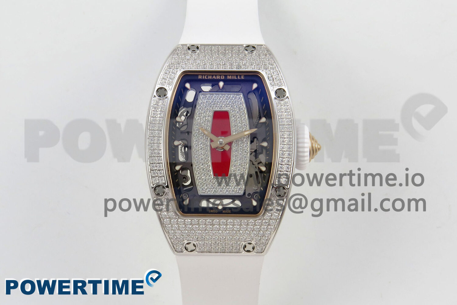 RM07 Ladies Full Diamonds SS ZF 1:1 Best Edition Red Dial on White Rubber Strap CRMA2 Clone - Image 1