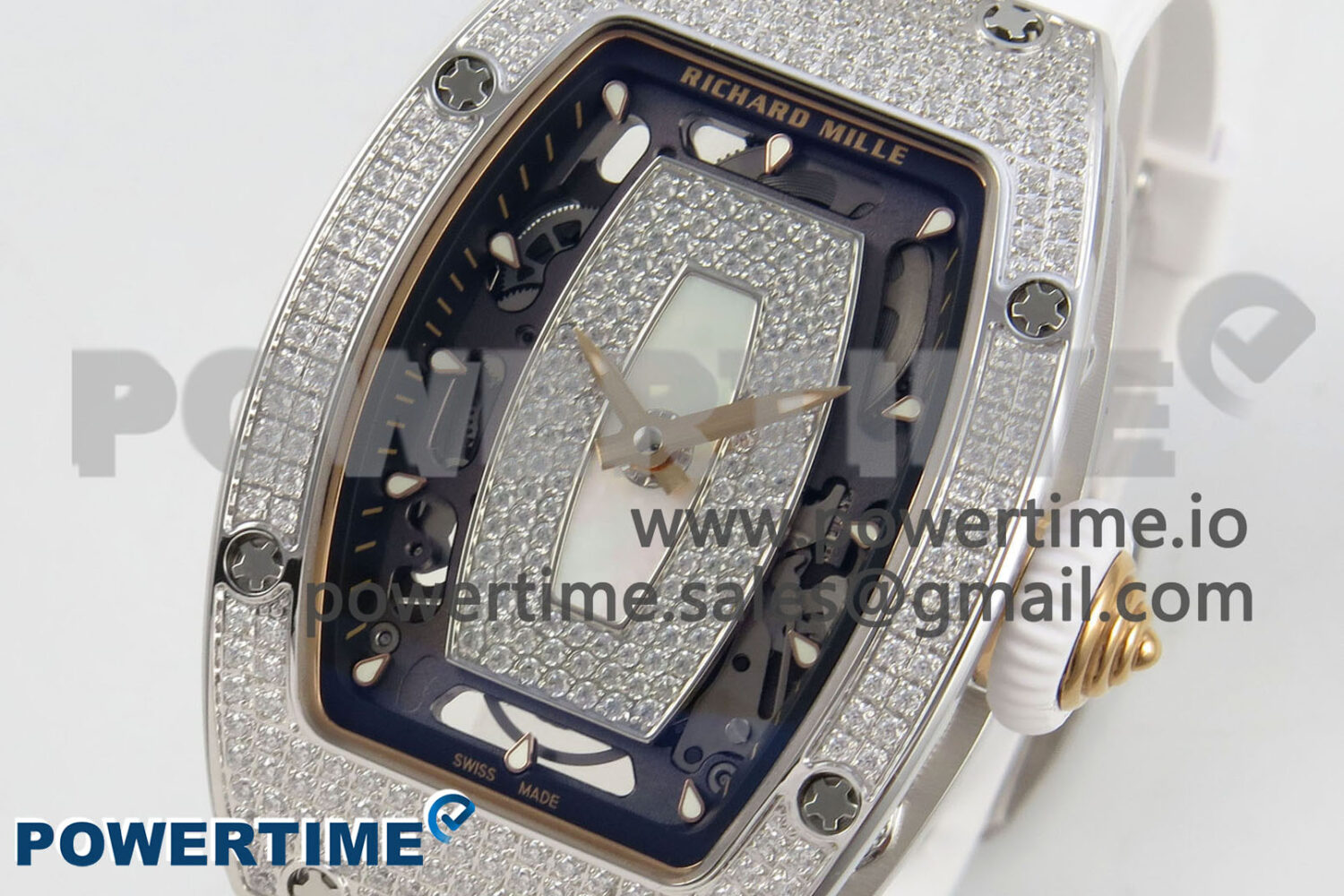 RM07 Ladies Full Diamonds SS ZF 1:1 Best Edition White MOP Dial on White Rubber Strap CRMA2 Clone - Image 3