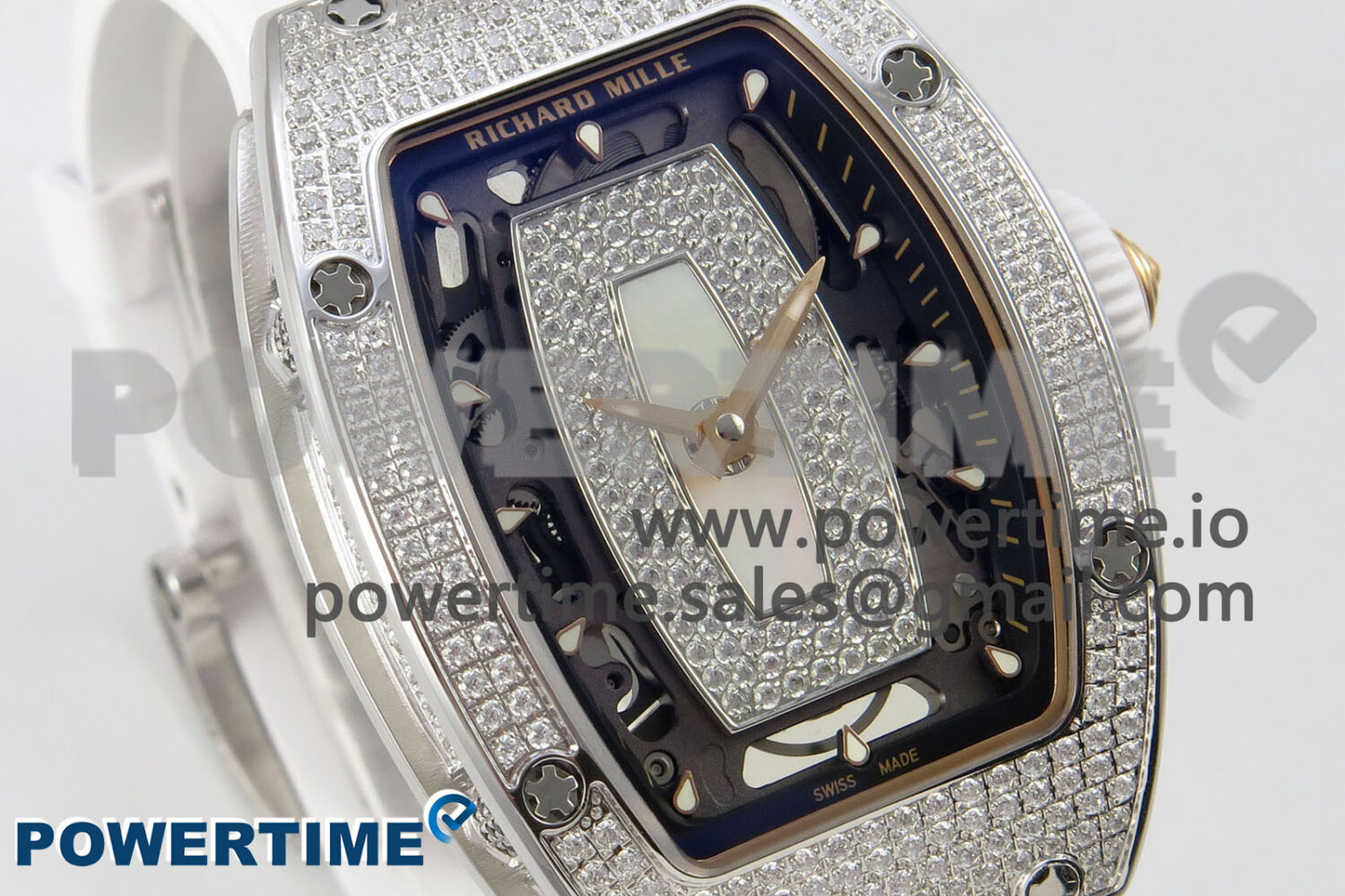 RM07 Ladies Full Diamonds SS ZF 1:1 Best Edition White MOP Dial on White Rubber Strap CRMA2 Clone - Image 2
