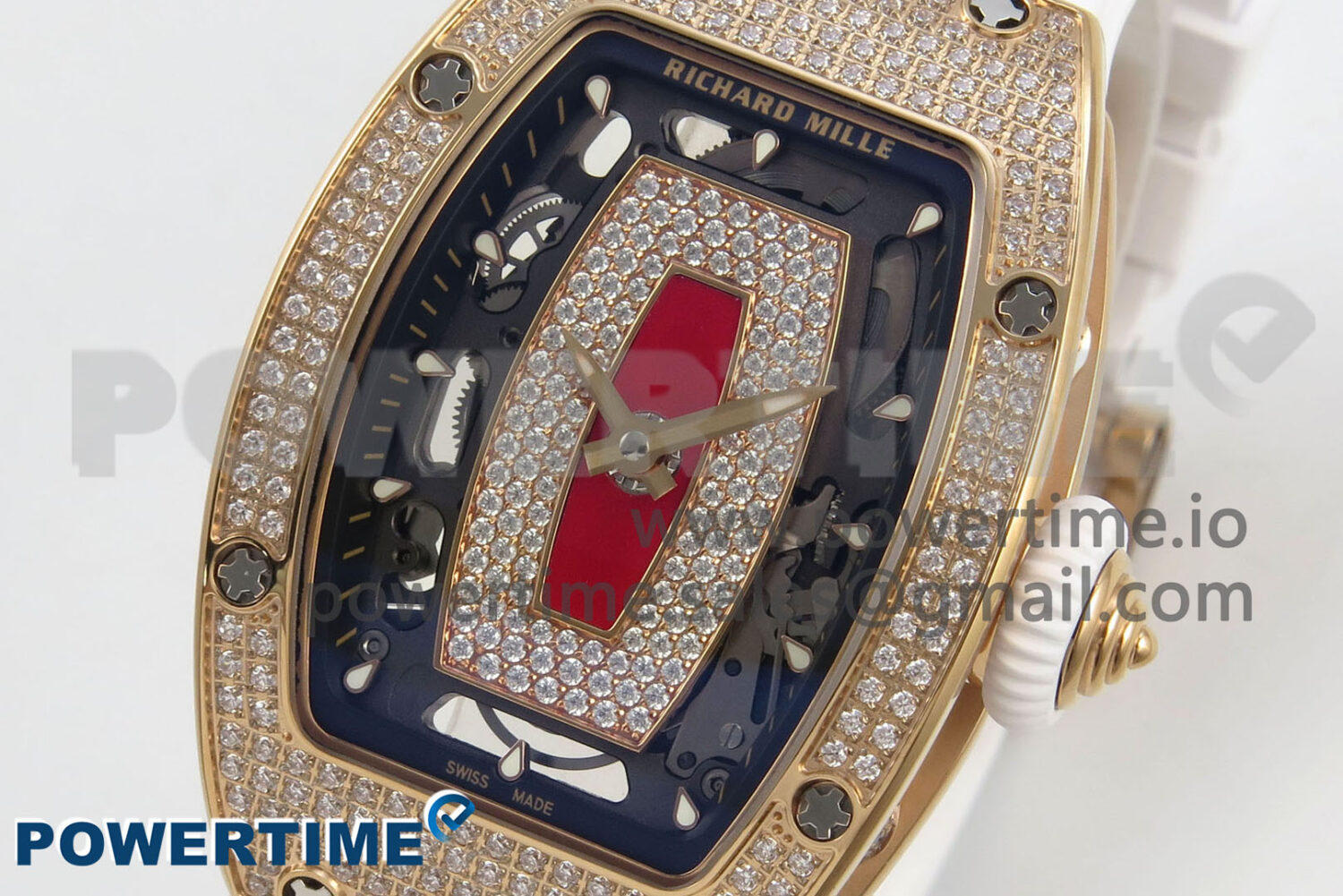 RM07 Ladies Full Diamonds RG ZF 1:1 Best Edition Red Dial on White Rubber Strap CRMA2 Clone - Image 2