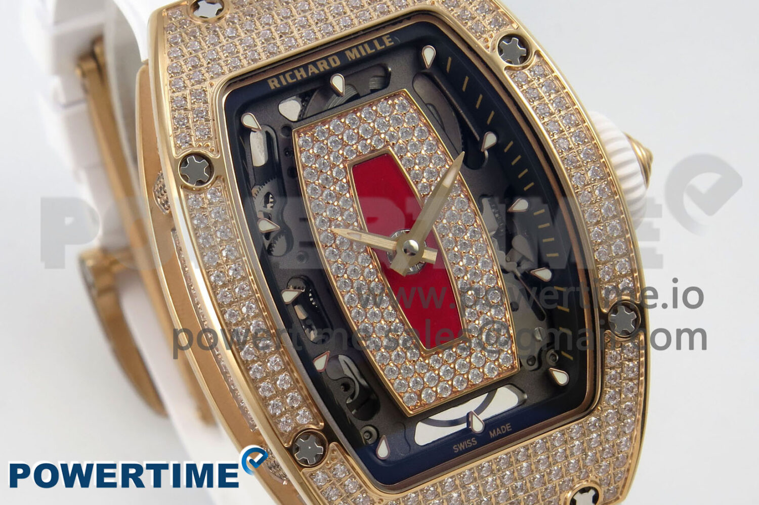 RM07 Ladies Full Diamonds RG ZF 1:1 Best Edition Red Dial on White Rubber Strap CRMA2 Clone - Image 3