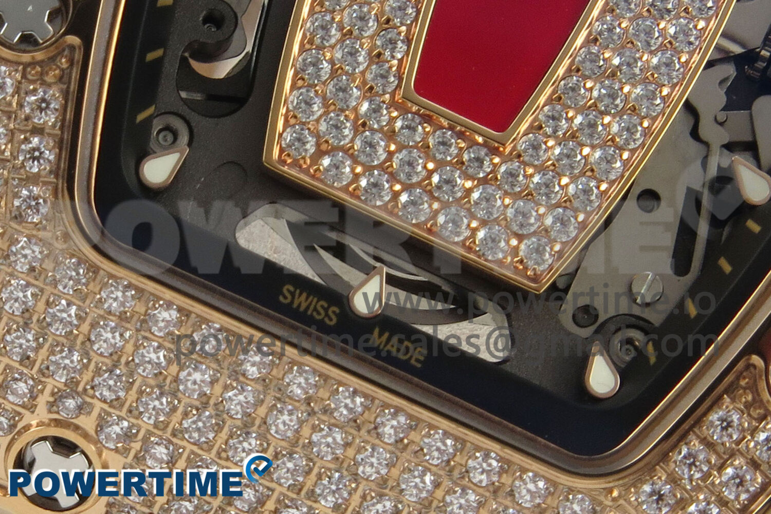 RM07 Ladies Full Diamonds RG ZF 1:1 Best Edition Red Dial on White Rubber Strap CRMA2 Clone - Image 5