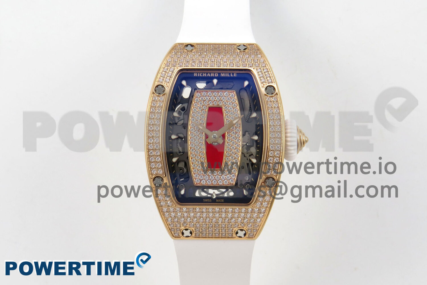 RM07 Ladies Full Diamonds RG ZF 1:1 Best Edition Red Dial on White Rubber Strap CRMA2 Clone - Image 1